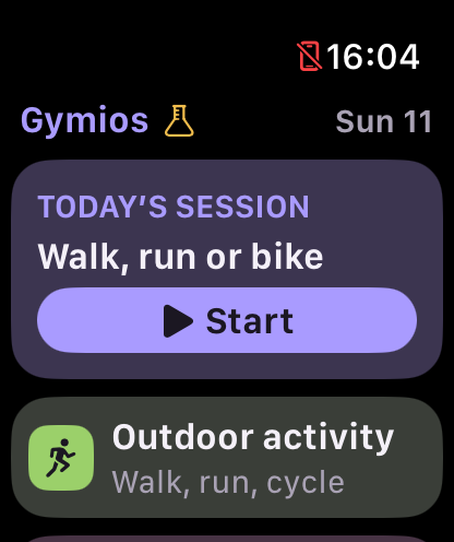 Domovská stránka Gymios na Apple Watch
