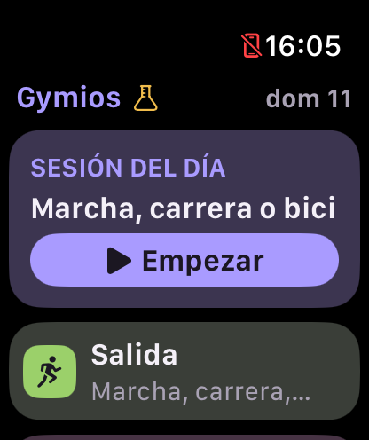 Página de inicio de Gymios en Apple Watch