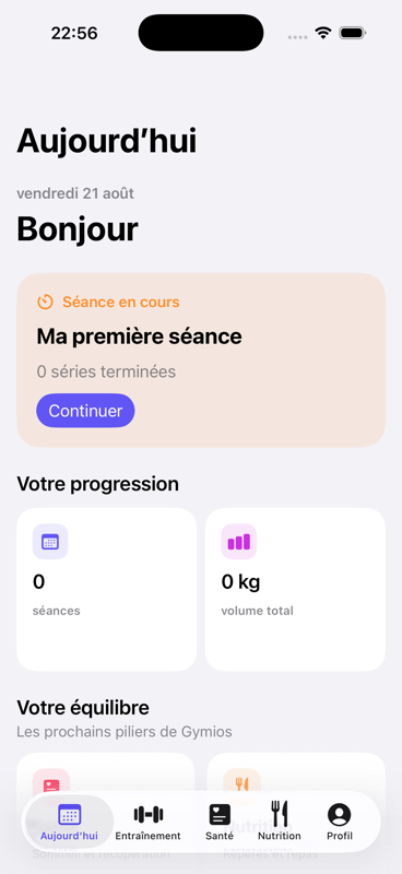 Écran Aujourd’hui de Gymios sur iPhone