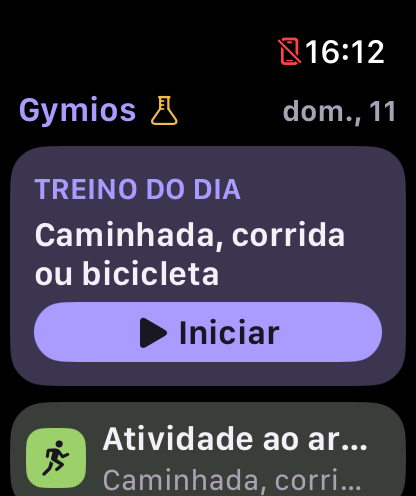 Tela inicial do Gymios no Apple Watch