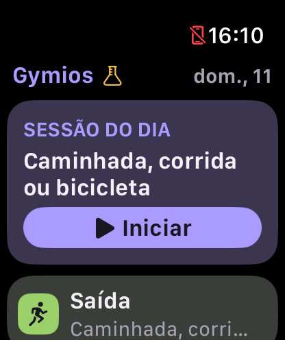 Página inicial do Gymios no Apple Watch