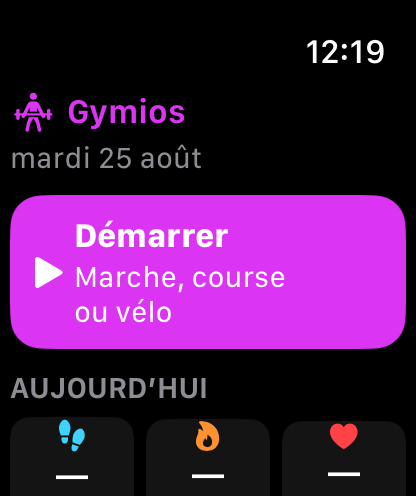 Accueil Gymios sur Apple Watch avec le démarrage rapide d’une sortie